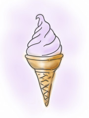 Waffle cone with pink strawberry or raspberry ice cream. Sketch style illustration.