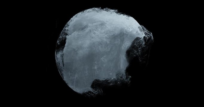 Water splashing in a sphere with motion turbulence. Weather Storm, Dangerous water surge, vortex, abstract particles swirling and flowing on black background. Great for overlay or logos. 3D render