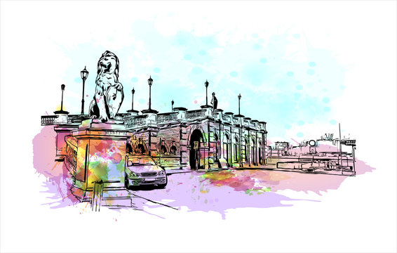watercolor lion statue bridge scene with car clip art preview