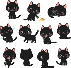 かわいい黒猫のポーズイラストセット
