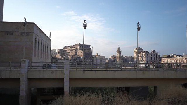 Aleppo, Syria. Cityscape of Famous Town After Civil War, Downtown and Bab Al-Faraj Clock Tower Landmark in Background