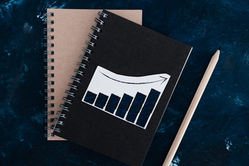 business analysis and statistics, desk with mixed graphs and charts on notebooks