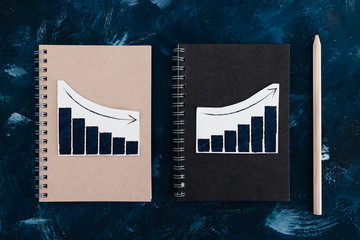 business analysis and statistics, desk with mixed graphs and charts on notebooks