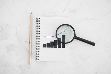 business analysis and statistics, desk with mixed graphs and charts on notebook with magnifying...
