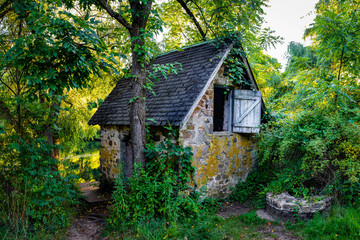 Fototapeta na wymiar Peaceful abandoned old cottage at summer sunset in the woods