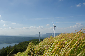 ฺฺBeautiful Wind Turbine on mountain at Lamtakong dam, Nakhonratchasima, Thailand.