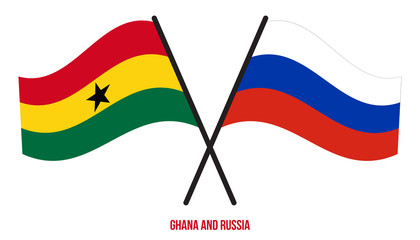 Ghana and Russia Flags Crossed And Waving Flat Style. Official Proportion. Correct Colors.