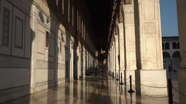 Umayyad Grand Mosque, Damascus, Syria. Path, Columns and Shadows. Slow Motion