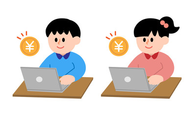 パソコンで支払いをする男の子女の子