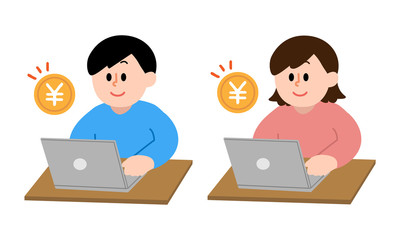 パソコンで支払いをする私服男女