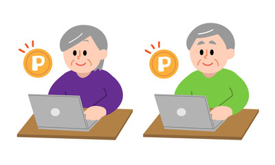 パソコンでポイントをゲットするシニア男女