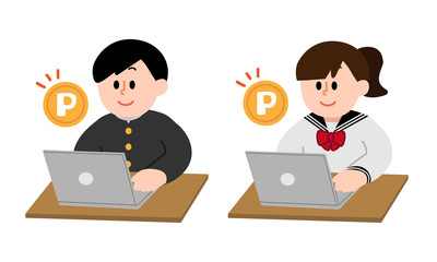 パソコンでポイントを獲得する学ランセーラー服男女