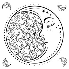 Ethnic cresent moon motif with autumn leaves decoration. Antistress coloring page