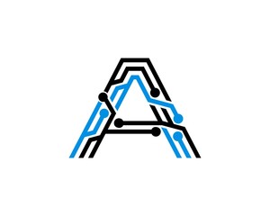A letter initial with black and blue circuit technology