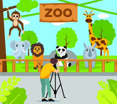 Flat design of People take a photo of animals at the Zoo