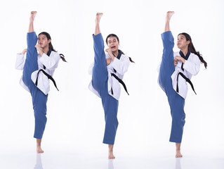 Fototapeta premium TaeKwonDo Karate national athlete kick punch on white background isolated