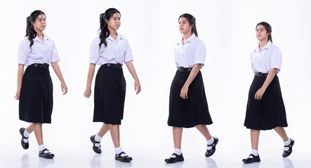 asian girl in student uniform white shirt black skirt shoes white isolated