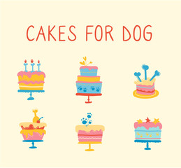 Cupcakes for your dog's birthday party. Pet snacks, candle candles, bakery products for puppies. Vector illustration of multi-colored dog pies, isolated image