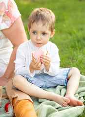 Funny boy having picnic. Little child eating a sandwich at a cookout