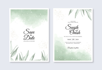 Beautiful wedding invitation template with watercolor splashes and leaves