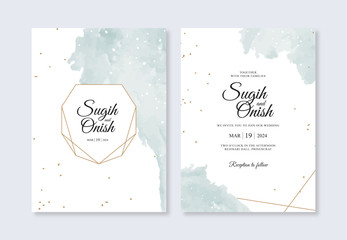 Geometric wedding invitation template with hand painted watercolor splash