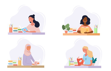 Set of four girls of assorted ethnicity writing diaries at home seated at tables, colored vector illustration