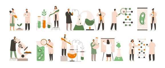 Set of different biochemists working in labs doing chemical analysis, tests and experiments on plants and microorganisms, colored vector illustration - obrazy, fototapety, plakaty