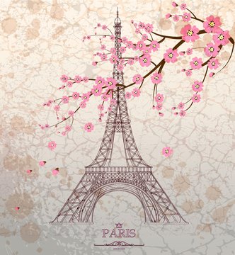 Vintage vector illustration of Eiffel tower on grunge background