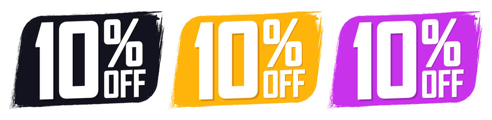 Set Sale 10% off banners, discount tags design template, extra promo, brush grunge, app icons, vector illustration