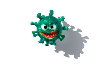 top view coronavirus model with big mouth and red teeth with shadow on white background