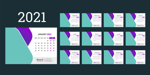 Desk Calendar 2021 template - 12 months included 