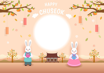 Chuseok with korean rabbit put on hanbok dress