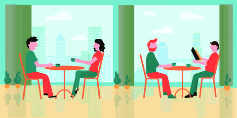 People having coffee at Coffee shop in the building horizontal flat illustration banner 
