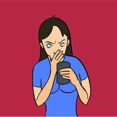 young girl shock and afraid  looking on her smartphone