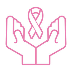 hands lifting pink ribbon breast cancer line style icon
