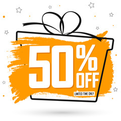 Sale 50% off, banner design template, discount tag, grunge brush, vector illustration