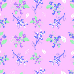 pink seamless pattern with blueberries and leaves