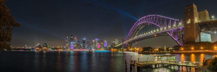 Fototapeta na wymiar Sydney Panoramic skyline during the Vivid Colour Festival 