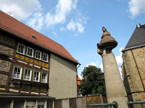 The Little Red Riding Hood statue (Schw&auml;lmer Brunnen) in Alsfeld, GERMANY