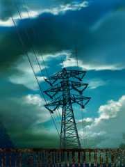 high voltage tower with blue summer sky
