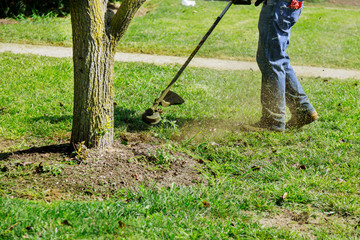 Closeup man hand using lawn trimmer mower cutting grass on green selective focus at hand