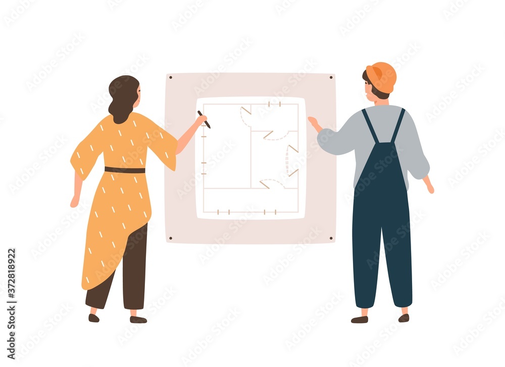 Poster female architect and male engineer worker drawing construction plan vector flat illustration. archit