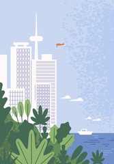 Amazing modern city with skyscrapers at seaside vector flat illustration. Beautiful seascape with modern buildings, tropical bushes and sea. Touristic town scenery and natural ocean view
