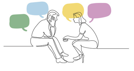 young man and woman talking having conversation with speech bubbles