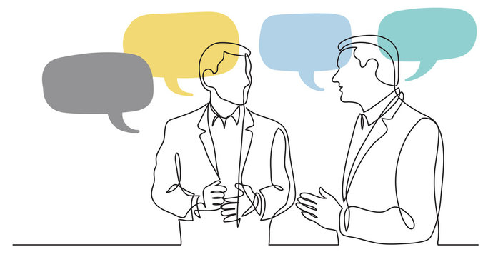 two standing businessmen talking discussing work problems with speech bubbles