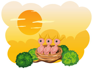 Chicks and its mother bird in nature