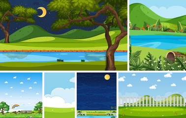 Set of different nature place scene in vertical and horizon scenes at daytime and night