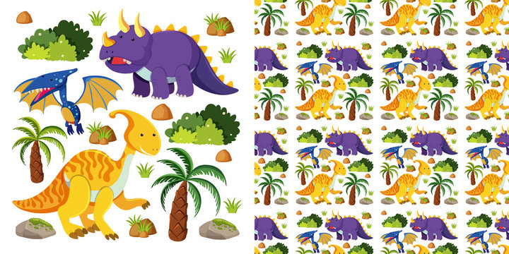 Seamless and group of cute dinosaurs isolated on white background