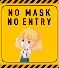 No mask no entry warning sign with cartoon character