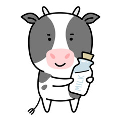 牛乳瓶を持った牛のキャラクターのイラスト。